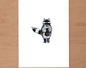 Raccoon Heart Thief Valentine Card, Raccoon Valentine, Illustrated card