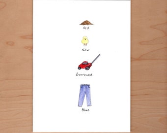 Wedding Card Old New Borrowed Blue, Funny wedding card, illustrated wedding card