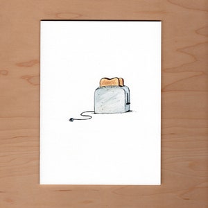 May include: A simple line drawing of a silver toaster with two slices of bread popping up. The toaster is plugged in and has a cord.