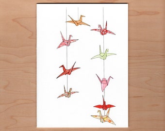 Origami Cranes Birthday Card, Paper Cranes Birthday Card, Illustrated Birthday Card