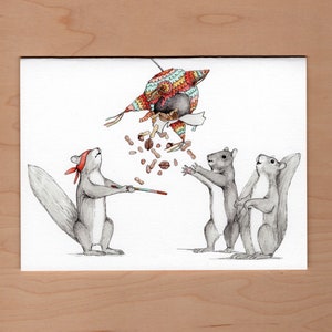 Squirrels play piñata birthday card, Funny Birthday card, Squirrel Birthday Card