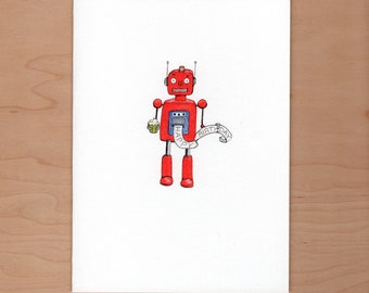 Robot Birthday Card, Illustrated Birthday Card, Handmade Card