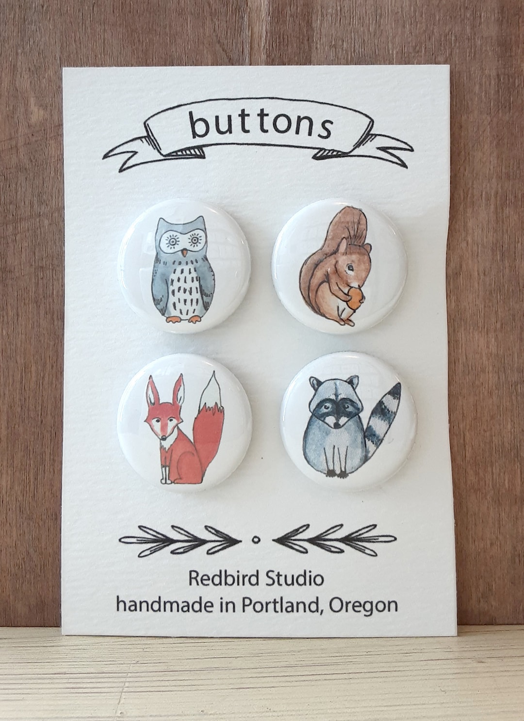 Set of 4 Cute Animal Pin Back Buttons, Woodland Animal Pins, Animal ...
