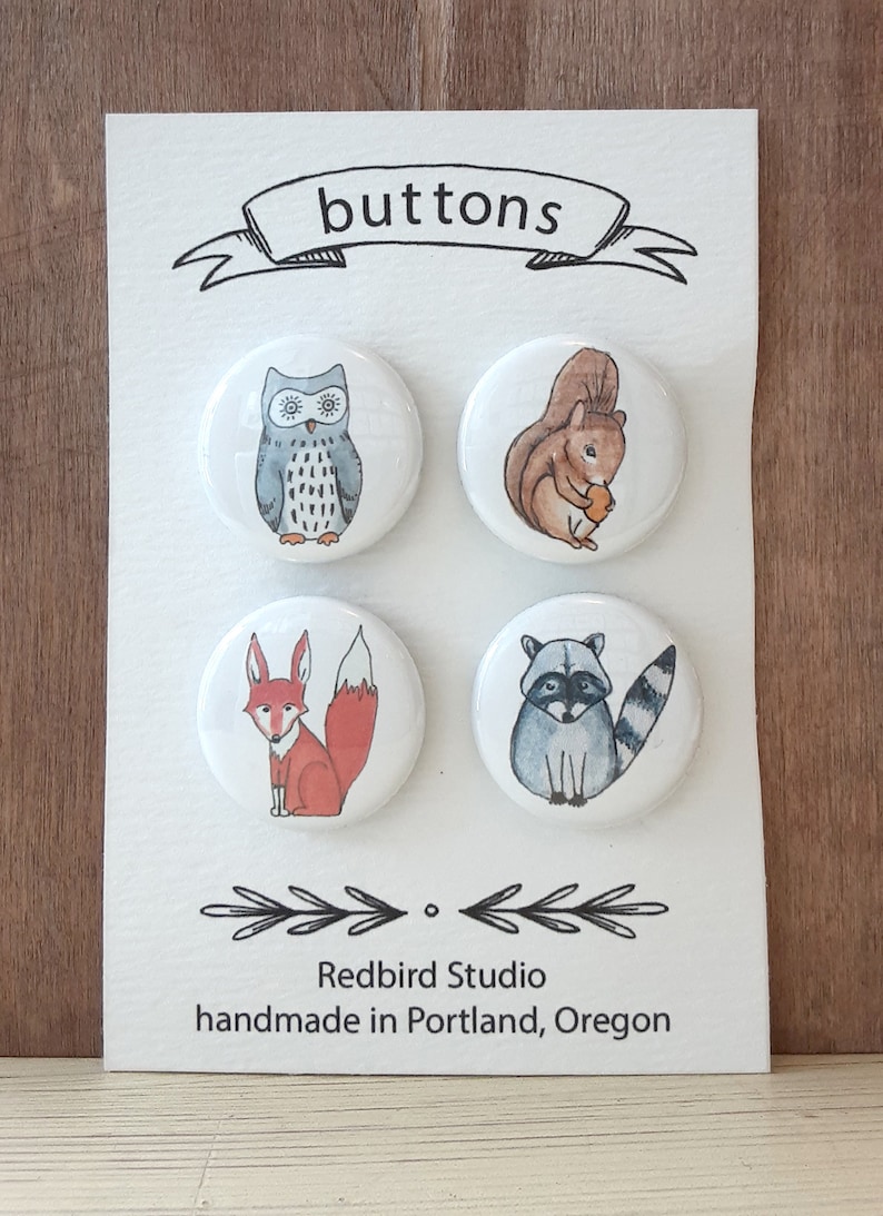Set of 4 Cute Animal Pin Back Buttons, Woodland Animal Pins, Animal Badges, 1 inch pins 画像 1