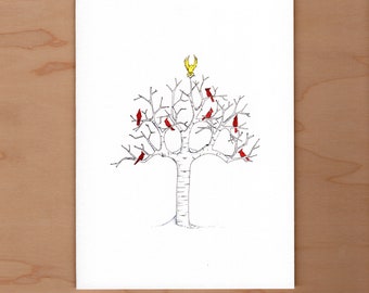 Birch with Birds Winter Greetings Card, Christmas card, Holiday Card