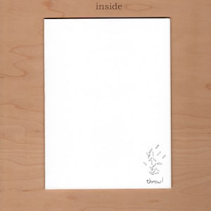 May include: A white card with a black and white illustration of rice being thrown in the air. The text "throw!" is written below the illustration.