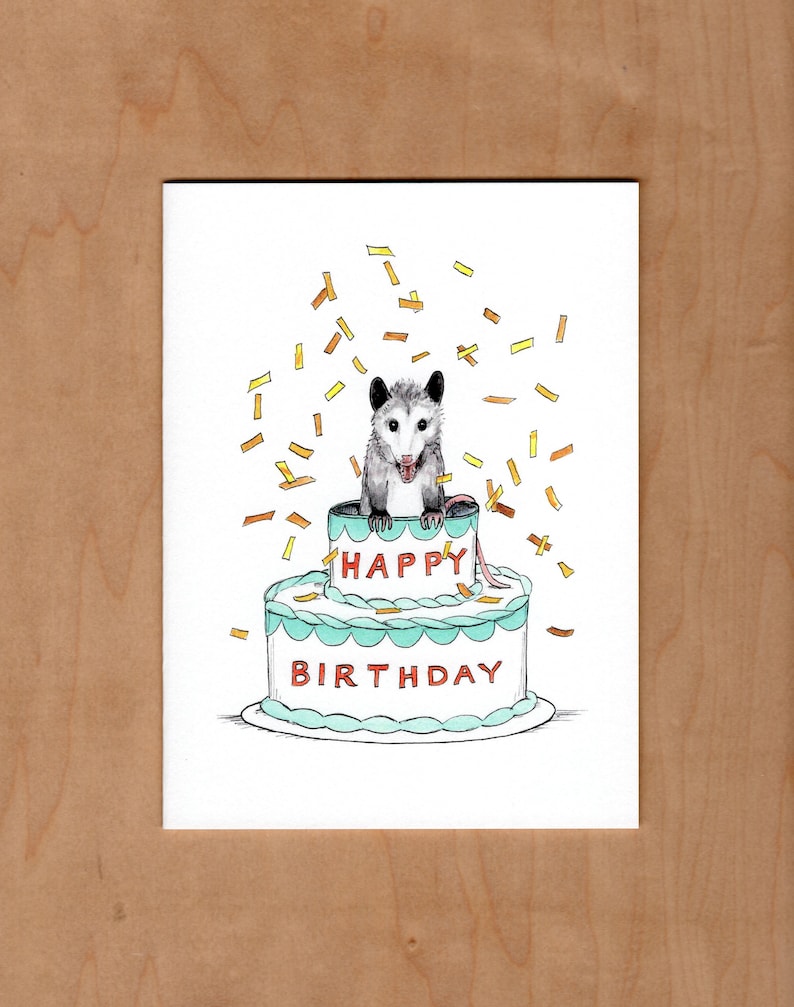 front of card:  Opossum pops out of the top of a blue and white birthday cake surrounded by confetti in shades of yellows.