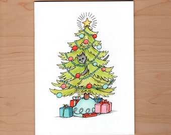 Cat in Christmas tree Card, Cat Christmas Card, Funny Christmas Card