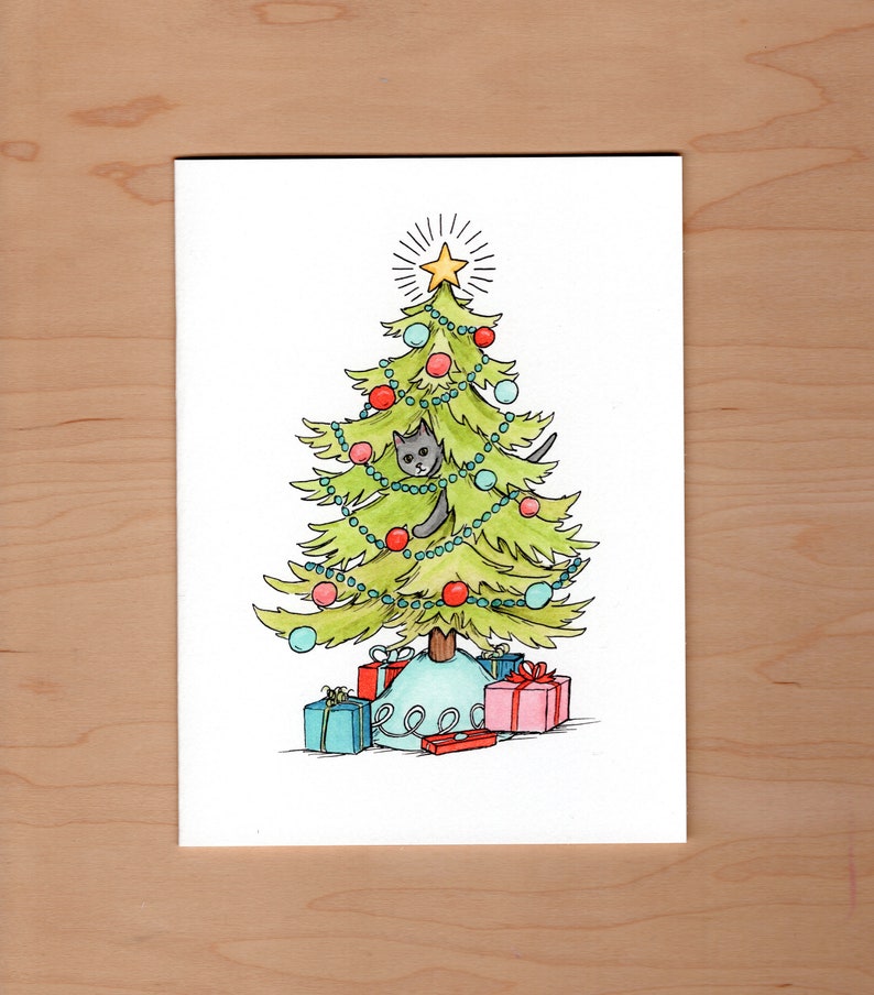 Cat in Christmas tree Card, Cat Christmas Card, Funny Christmas Card image 1