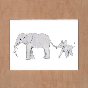 Front of card:  ink and watercolor illustration of an adult elephant walking with a baby elephant holding its tail while happily walking behind.