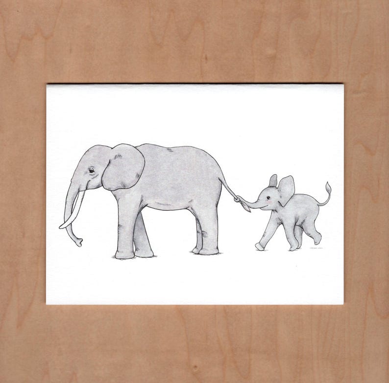 Front of card:  ink and watercolor illustration of an adult elephant walking with a baby elephant holding its tail while happily walking behind.