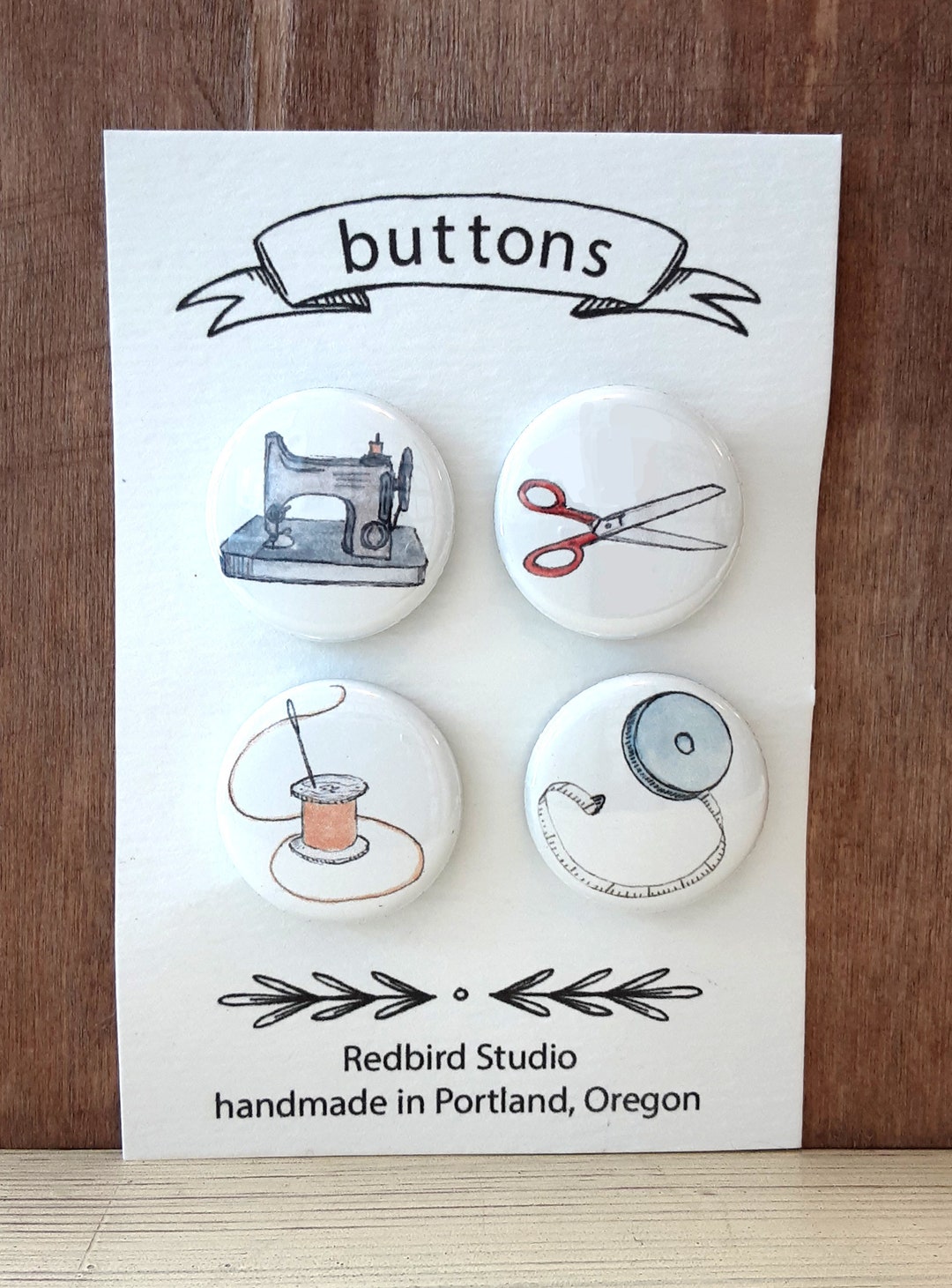 Set of 4 Sewing Themed Button Pins, Sewing Badges, 1 Inch Buttons