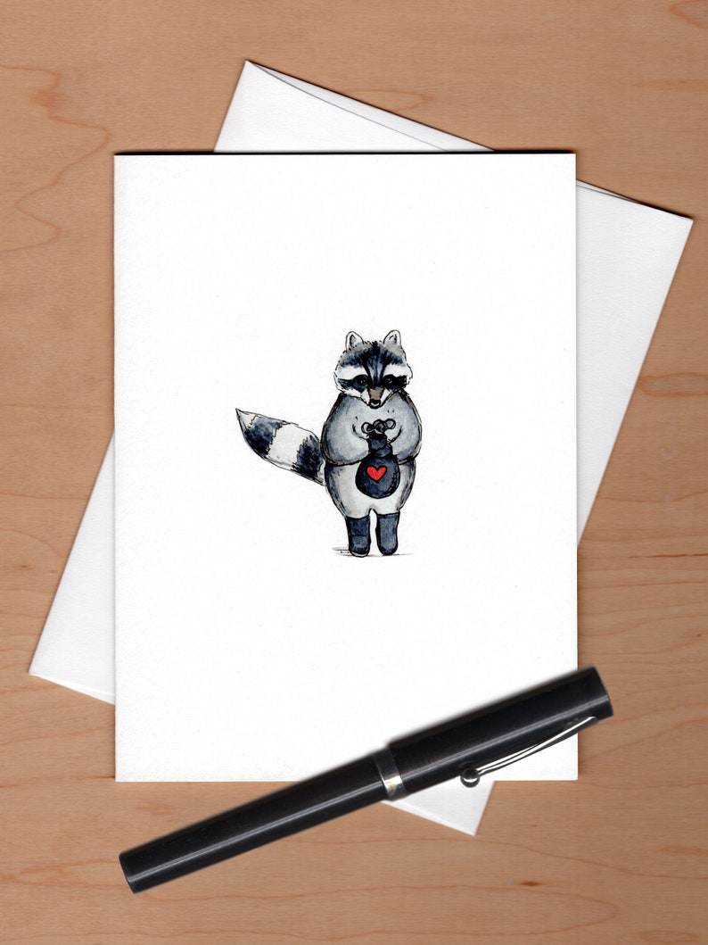 Raccoon Heart Thief Valentine Card, Raccoon Valentine, Illustrated card image 3