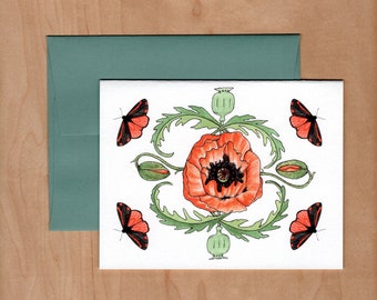 Poppy Note Cards: Watercolor Cinnabar Moth, Set of 8