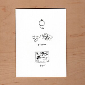 May include: A black and white illustration of the classic game "Rock, Paper, Scissors". The image shows a ring, scissors, and a certificate of marriage.