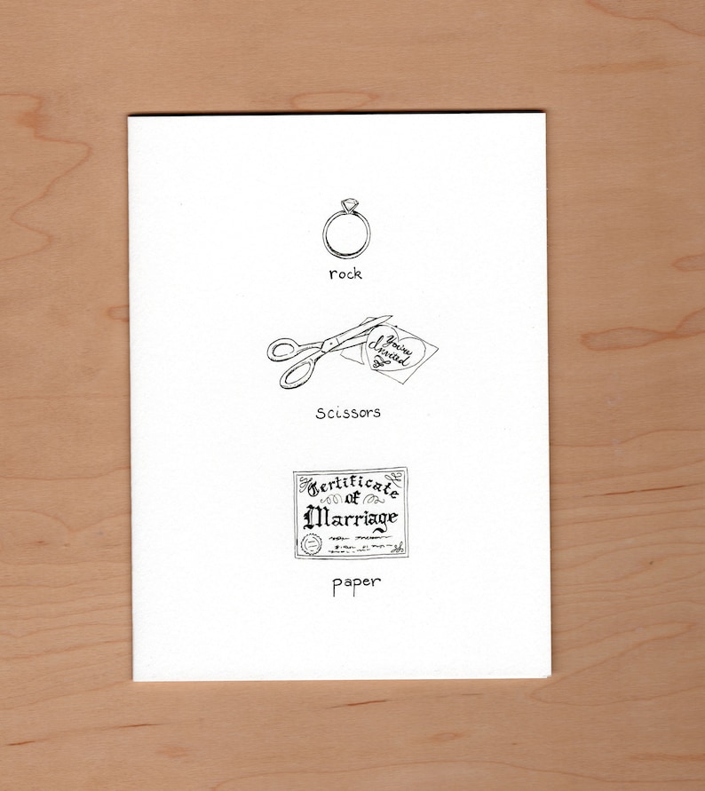 May include: A black and white illustration of the classic game "Rock, Paper, Scissors". The image shows a ring, scissors, and a certificate of marriage.