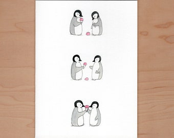 Penguins and snow cone friendship card, just because card, penguin card