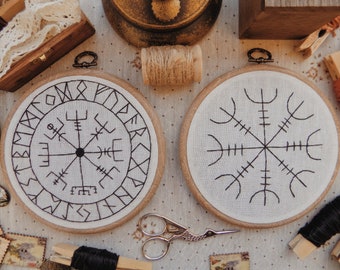 Pagan norse symbols, Vikings amulets set, Aegishjalmur and viking compass wall, Vegvisir embroidery