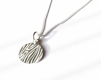 Zebra Print • Sterling Silver Minimalist Necklace • Engraved Pendant •  Dainty Necklace • Thin Silver Necklace • Print Engraved Pendant