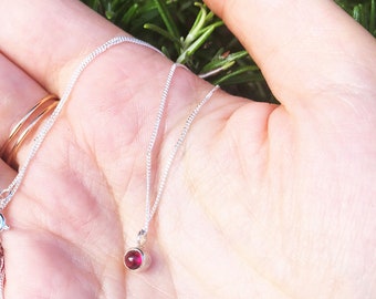 Sterling Silver Minimalist Garnet Necklace • Delicate Garnet Pendant •  Dainty Silver Necklace • Thin Silver Necklace  • Charm Necklace