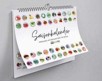Perpetual seasonal calendar fruit and vegetables - A4 - calendar for kitchen vegan & vegetarian - gift for girlfriend