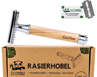 Rasierhobel Holz Inkl. 10 Klingen & Anleitung - Nachhaltige Nassrasur, Sicherheitsrasierer, Rasur, Haarentfernung, Zero Waste