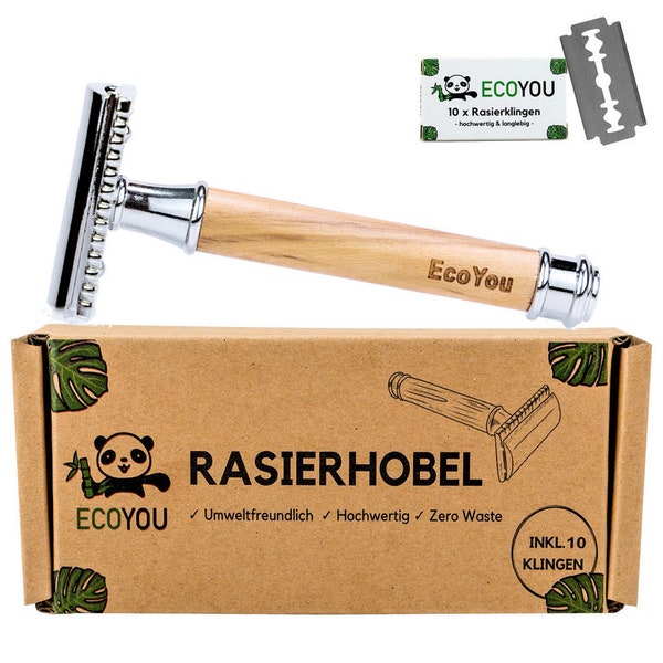 Rasierhobel Holz Inkl. 10 Klingen & Anleitung - Nachhaltige Nassrasur, Sicherheitsrasierer, Rasur, Haarentfernung, Zero Waste