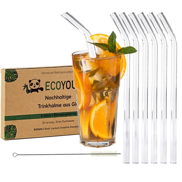 EcoYou® Glas Trinkhalme gebogen + Natur Bürste 6 x 23 cm Strohhalme Glas