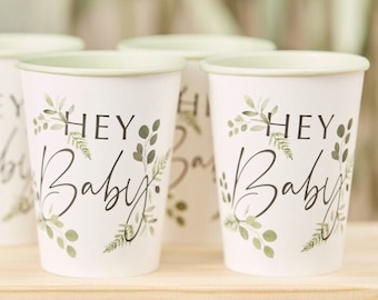 Babyshower papieren bekertjes - Hey Baby Wit & Groen Babyshower - Eco-vriendelijke feestartikelen - Botanische babyshower - Hey Baby - Pakket van 8