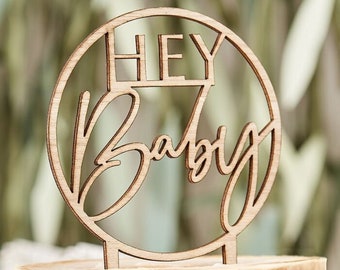 Babyshower taarttopper - houten Hey Baby taarttopper - botanische babyshower - milieuvriendelijk - genderneutraal - gender Reveal