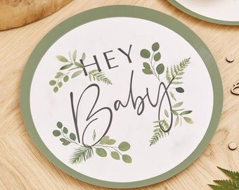 Hey Baby Baby Shower Plates - Botanical Baby Shower Paper Plates - Green & White Party Plates-Baby Shower Tableware-Gender Neutral-Pack of 8