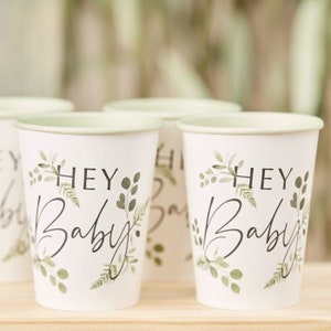 Bicchieri di carta per baby shower - Hey Baby White & Green Baby Shower - Articoli per feste ecocompatibili - Baby Shower botanico - Hey Baby - Confezione da 8