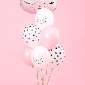 Cat Balloons - Pink & White Kitten Party Balloons - Paw Print Balloons -Meow Party-Kitty Cat Helium Balloons-Cat Party Decorations-Pack of 6