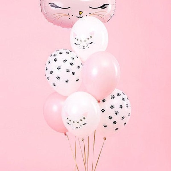 Cat Balloons - Pink & White Kitten Party Balloons - Paw Print Balloons -Meow Party-Kitty Cat Helium Balloons-Cat Party Decorations-Pack of 6