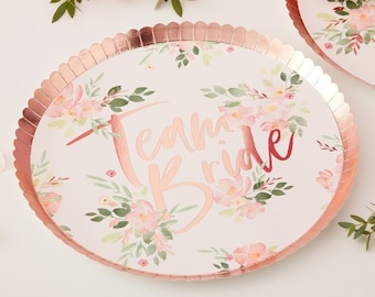 Team Bride rose gold paper plates - Pink and rose gold hen party plates - Team hen plates - Floral Hen party - Hen party decor - Pack of 8