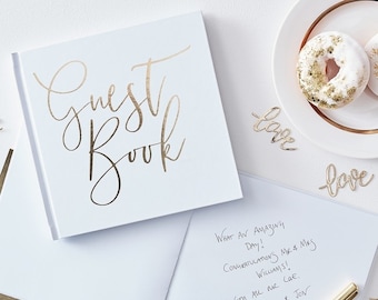 White and Gold Foiled Wedding Guest Book, Gold Wedding Guest Book