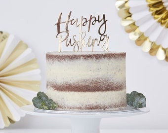 Adorno para tarta de baby shower con texto en inglés "Happy Pushing"