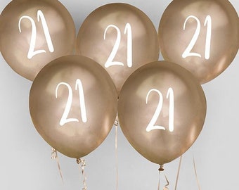 Gold 21st Birthday Balloons - Happy Birthday 21 Balloons - Gold & White Balloons - Party Decorations - Pack of 5