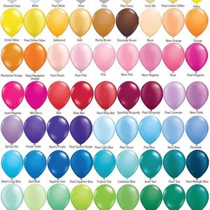 May include: A color chart of balloons in various shades, including white, yellow, orange, pink, red, purple, blue, and green. Each balloon is labeled with its color name, such as "Diamond Clear," "Ruby Red," and "Emerald Green." The text "The Very Best Balloons" is at the bottom.