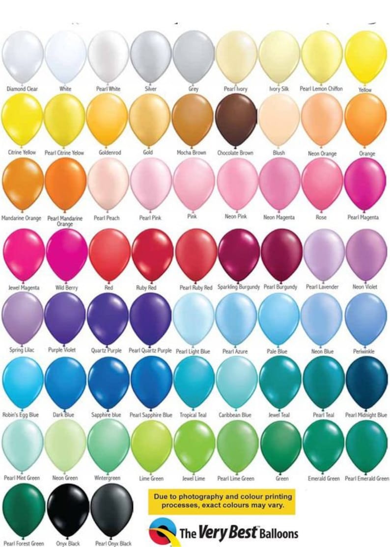 May include: A color chart of balloons in various shades, including white, yellow, orange, pink, red, purple, blue, and green. Each balloon is labeled with its color name, such as "Diamond Clear," "Ruby Red," and "Emerald Green." The text "The Very Best Balloons" is at the bottom.