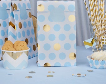 Blau und gold Party-Tüten - Baby-Dusche-Gunsten Taschen - Geburtstag Partei Gunst - behandeln Taschen - blauen und goldenen Punkten - Party-Dekorationen-5er Pack