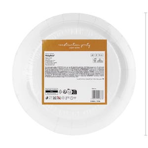 May include: A stack of white paper plates, each approximately 7 inches in diameter, wrapped in clear plastic. The plates have a ridged edge. A brown label in the center reads "construction party" and includes product information.