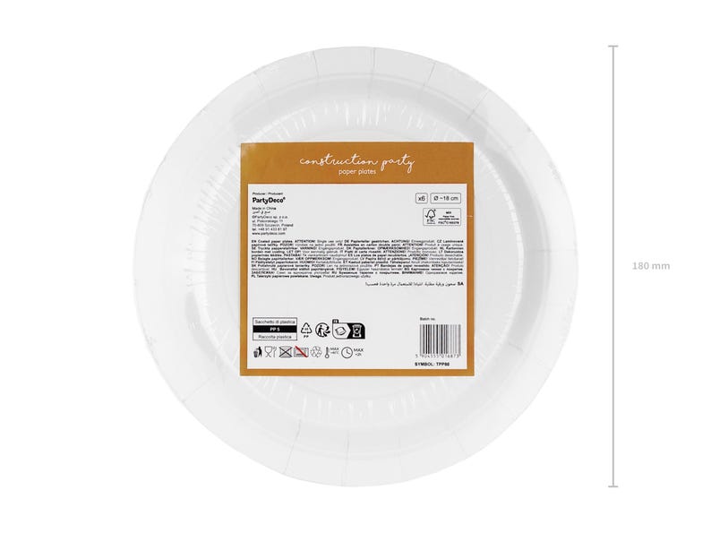 May include: A stack of white paper plates, each approximately 7 inches in diameter, wrapped in clear plastic. The plates have a ridged edge. A brown label in the center reads "construction party" and includes product information.