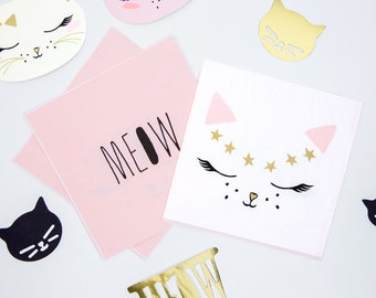 Servilletas de papel con diseño de gatitos - Rosas y blancas - Fiesta de maullidos - Decoraciones para fiestas de cumpleaños - Paquete de 20