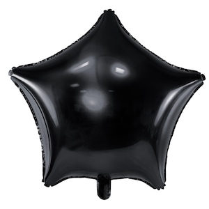 Puede incluir: Un globo negro en forma de estrella con un acabado brillante. El globo tiene cinco puntas y una pequeña boquilla en la parte inferior. Los bordes de la estrella tienen un diseño texturizado. Perfecto para fiestas y celebraciones.