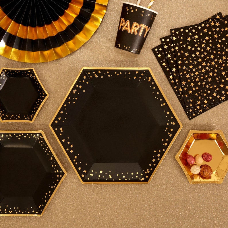 Gold & Black Plateslarge Gold Stars Paper Plateshen Party Etsy UK