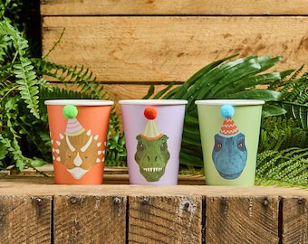 Dinosaur Cups - Dinosaur Paper Party Cups - Roarsome Dino Birthday - T Rex & Triceratops Cups - Kids Birthday Party Tableware - Pack Of 6