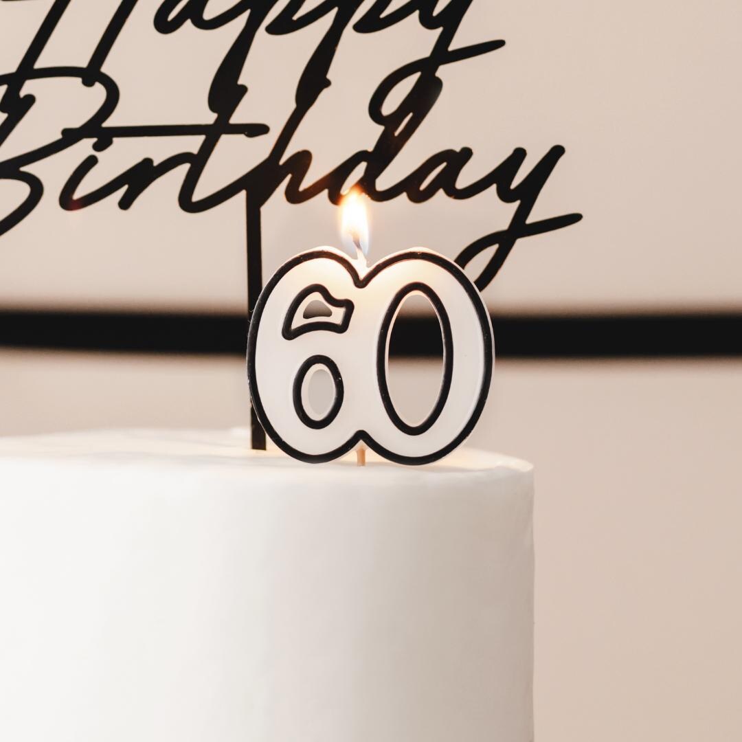 60th Birthday Cake Candle – Milestone Number Candle - Monochrome Black ...