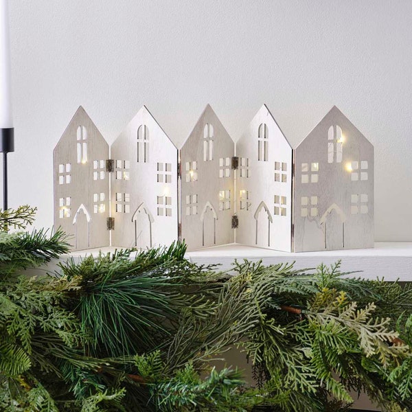 Wooden House Christmas Decoration - White Wood Fold Out Houses With String Lights - Mantlepiece Decorations - Rustic Christmas-Holiday Decor