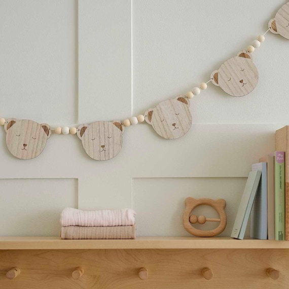 Baby Shower Bunting - Wooden Teddy Bear & Bead Baby Shower Garland - New Baby Party - Neutral Decor - Gender Reveal Party Decorations